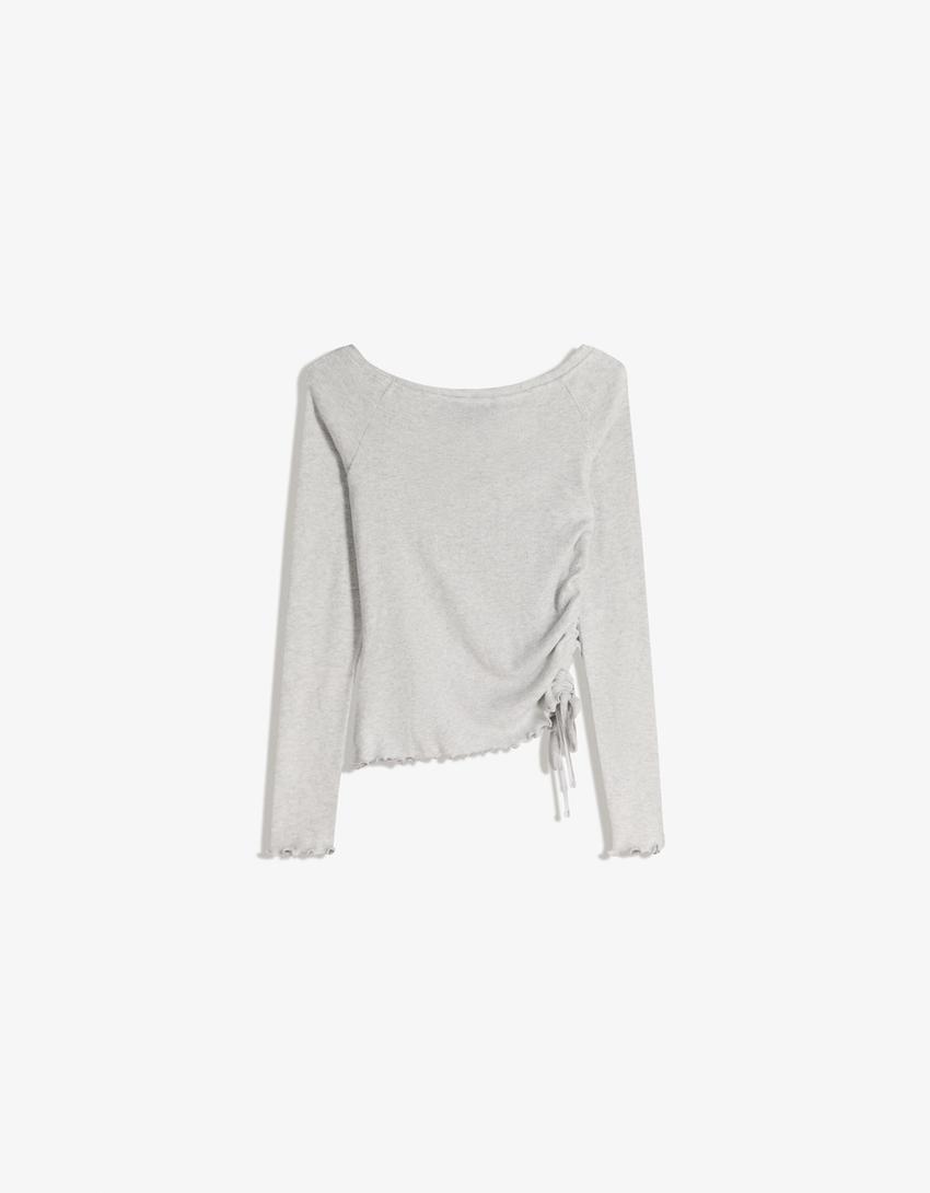Asymmetric long sleeve ruched T-shirt-Grey