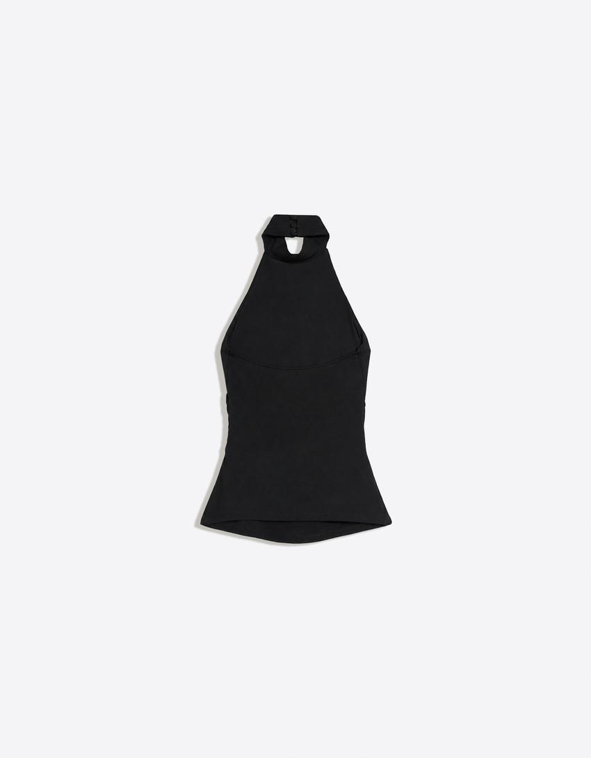 Gerafftes Neckholder-Top-Schwarz