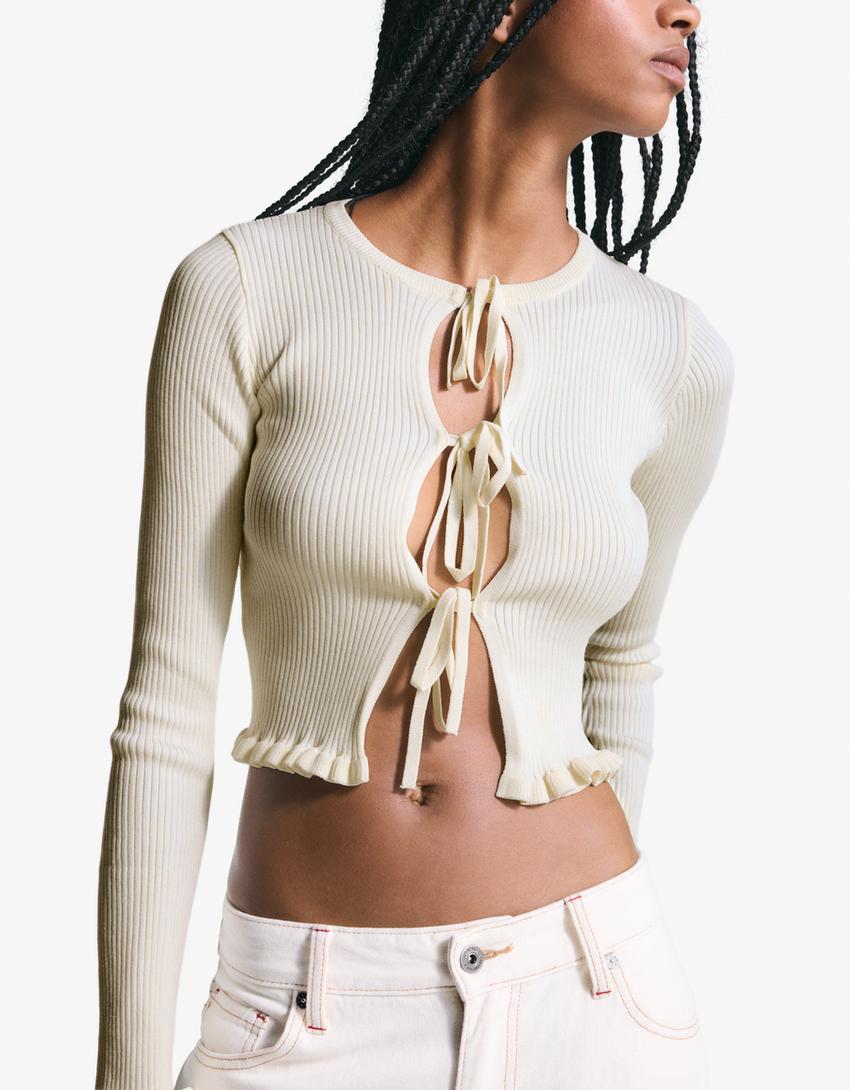 Tied cardigan with ruffles-Cream