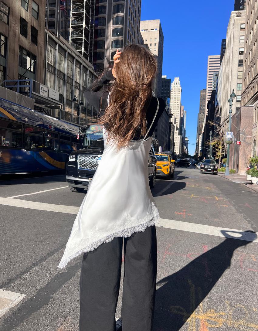 Vestido tirantes satén asimétrico-Crudo