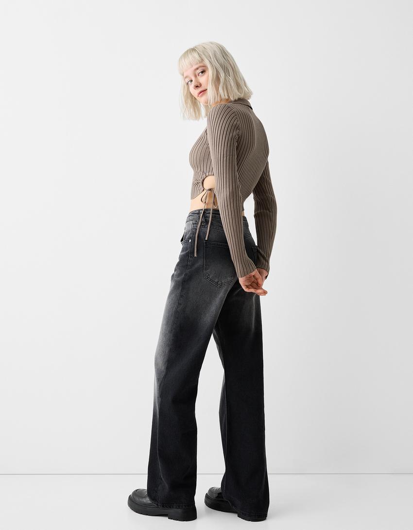 كارديغان بياقة بولو وأزرار وجانب بزمة-رملي-1