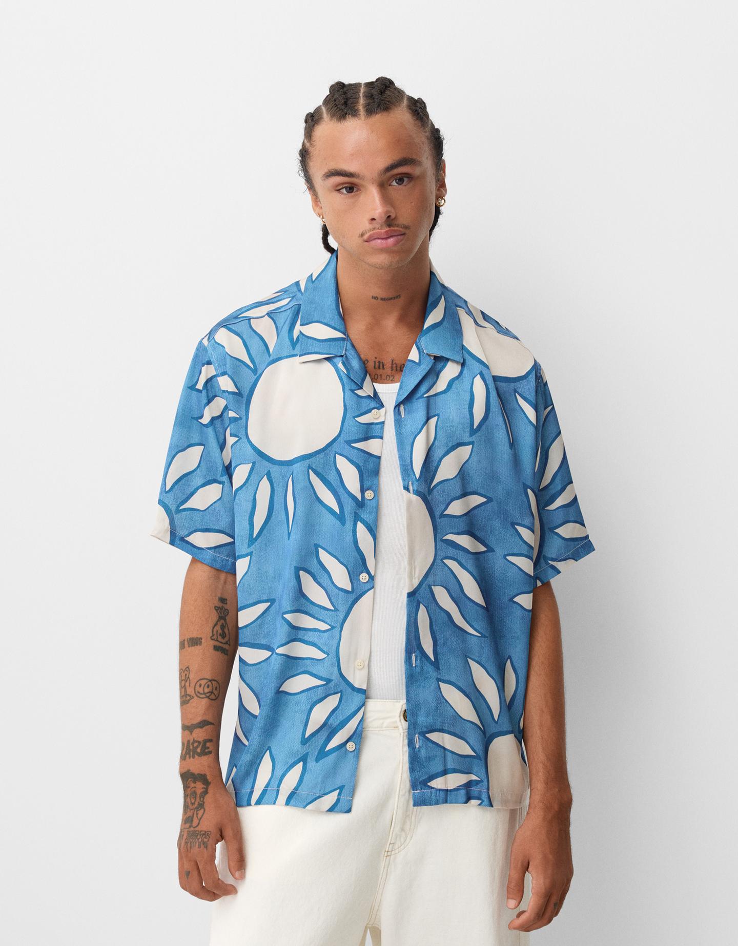 Bershka Camicia Maniche Corte Relaxed Stampa Uomo M Azzurro