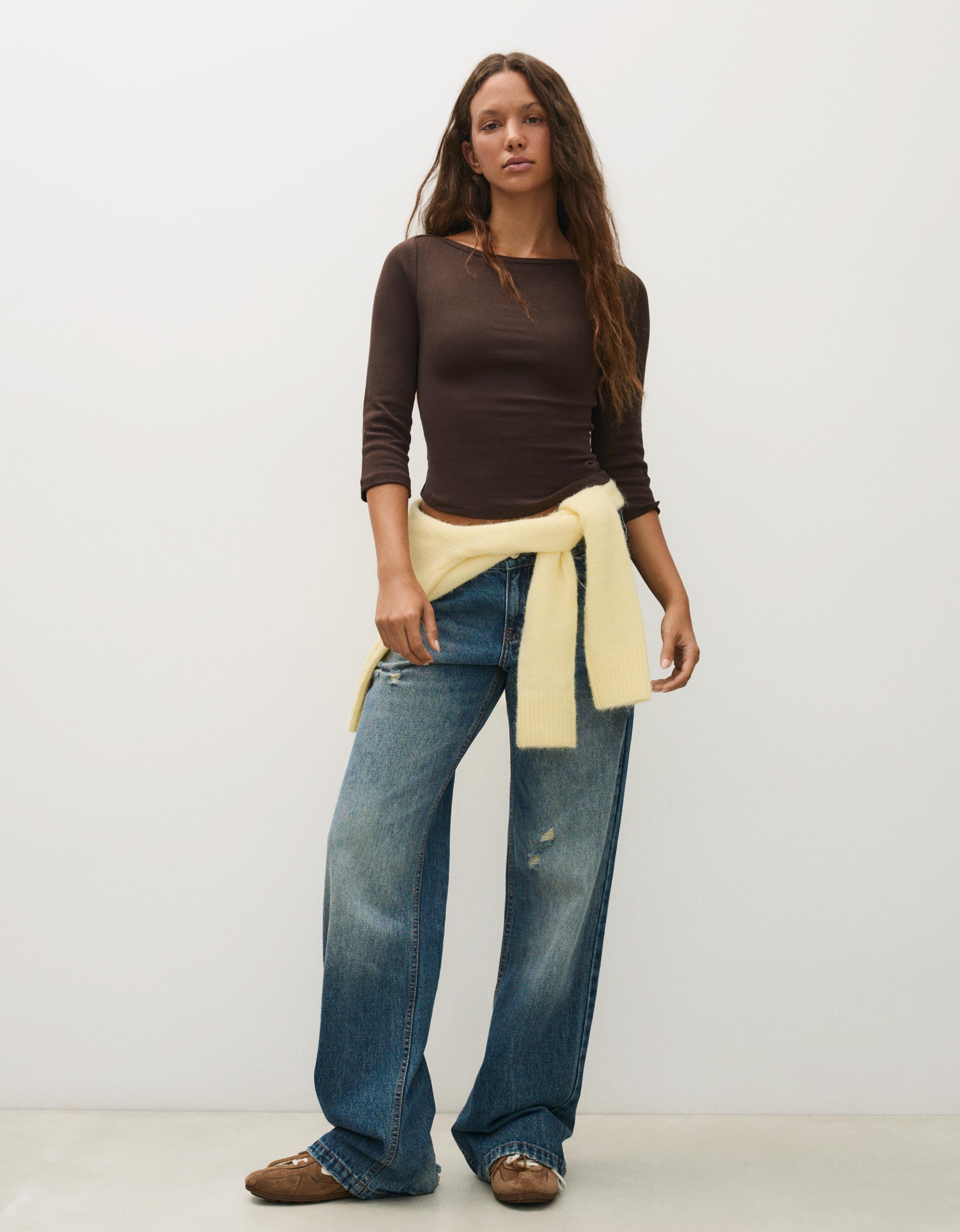 Boat neck long-sleeve T-shirt — Brown