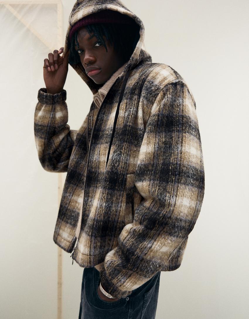 Куртка геометрического кроя в клетку с капюшоном-Черный