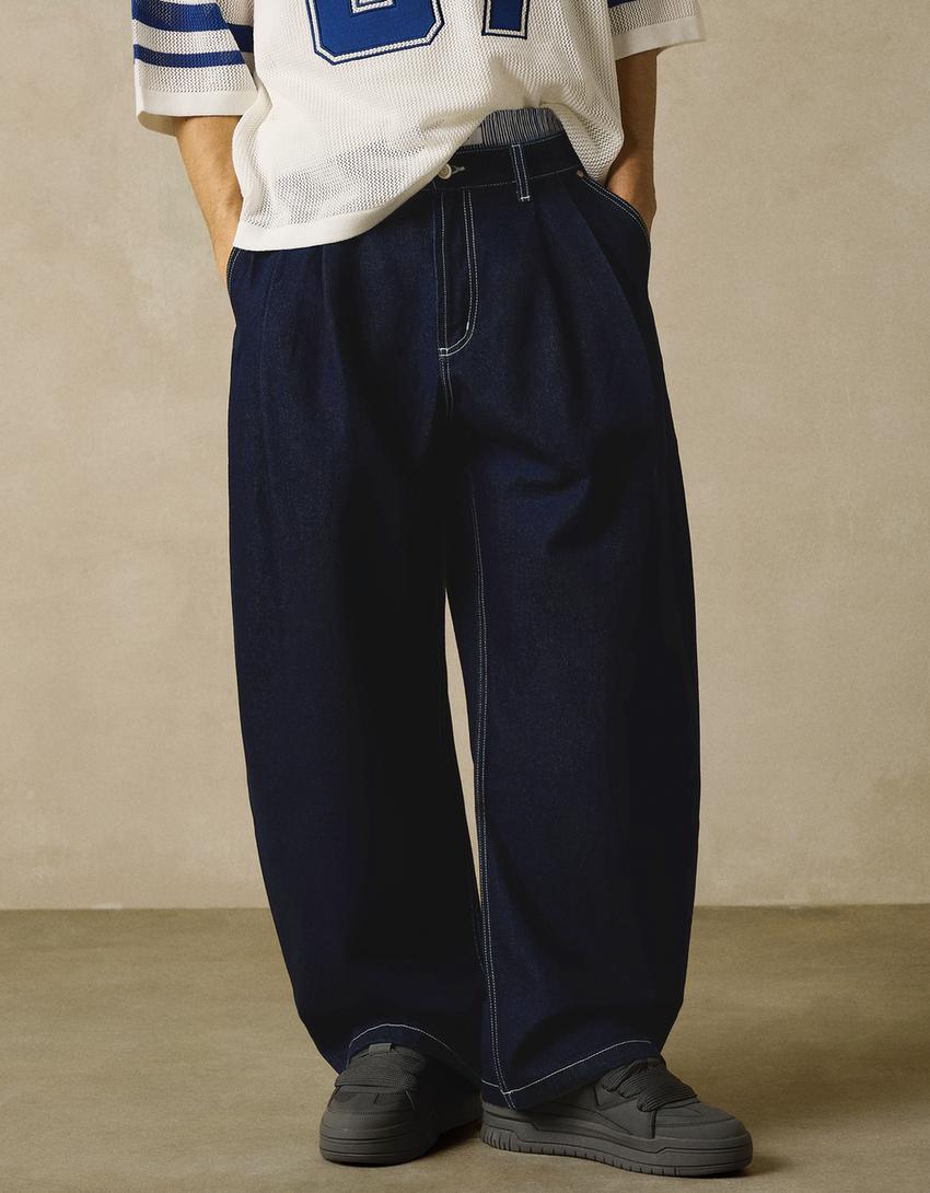 Pleated barrel jeans-Navy