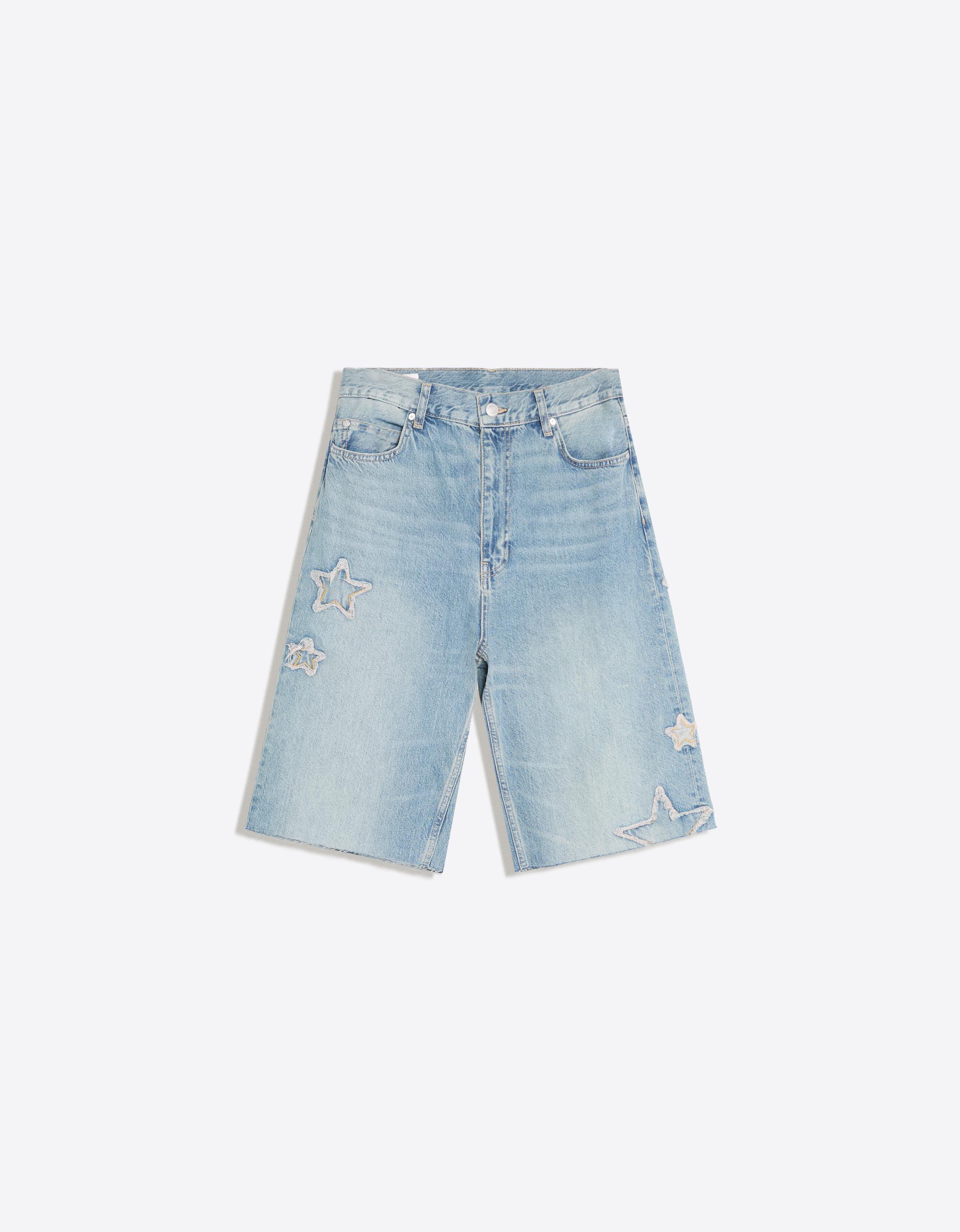 Star patch baggy denim Bermuda shorts — Light blue