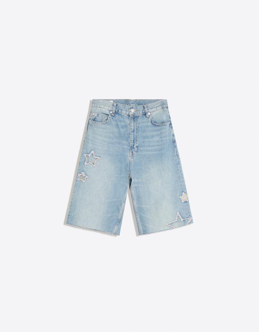 Star patch baggy denim Bermuda shorts-Light blue