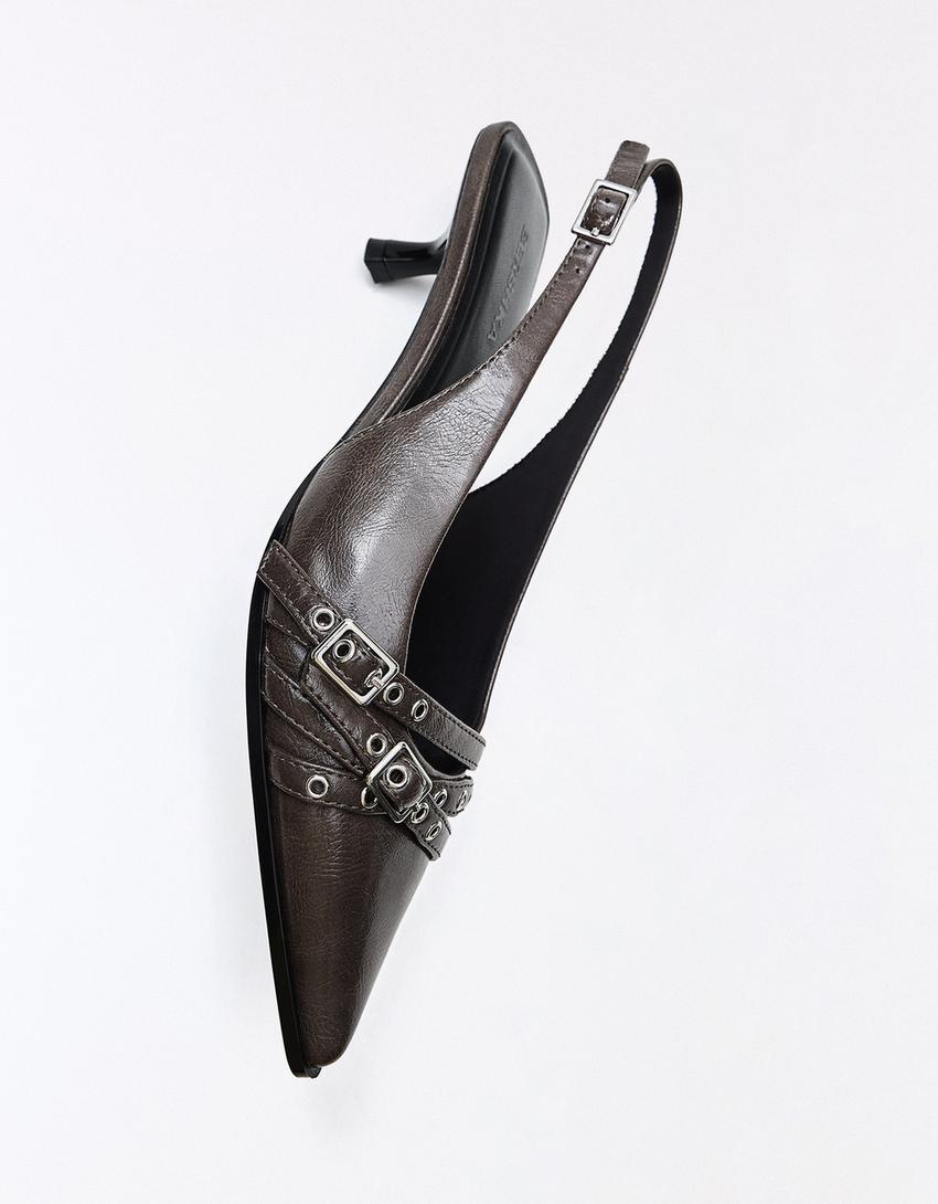 Escarpins kitten heel ouverts à boucles-Gris