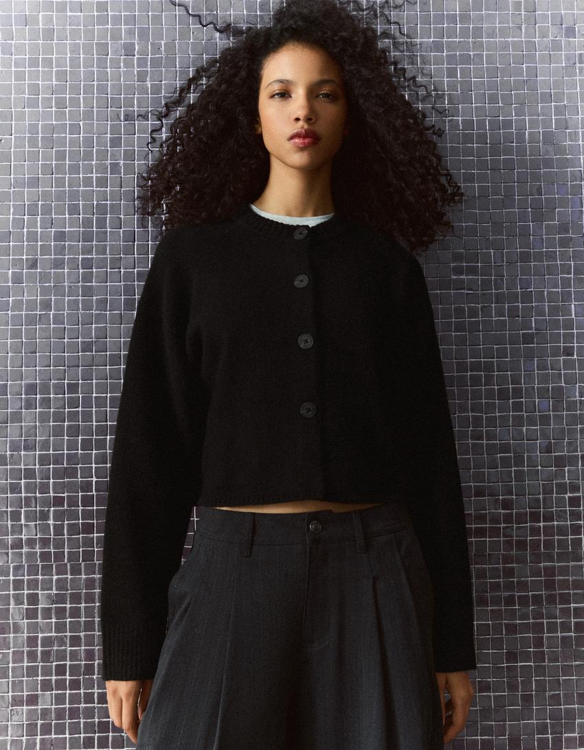 Soft touch crew neck jacket-Black