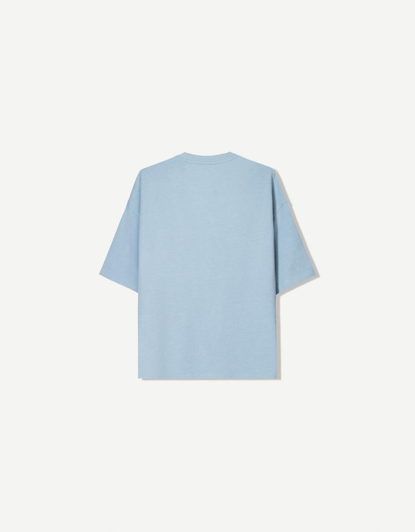 Tricou mânecă scurtă boxy structură broderie-Albastru deschis-5