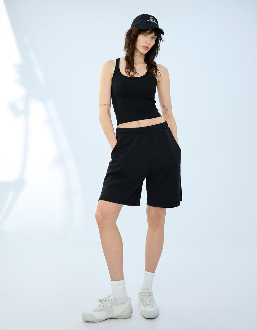 Plush Bermuda shorts with embroidery-Black