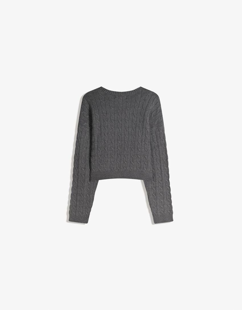 Embroidered cable-knit sweater-Dark grey
