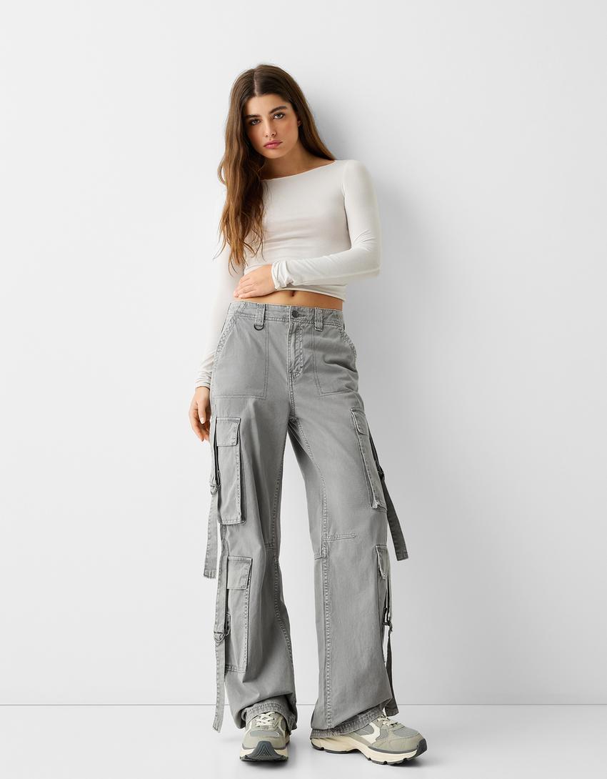 Cotton cargo trousers with straps-Grey-0
