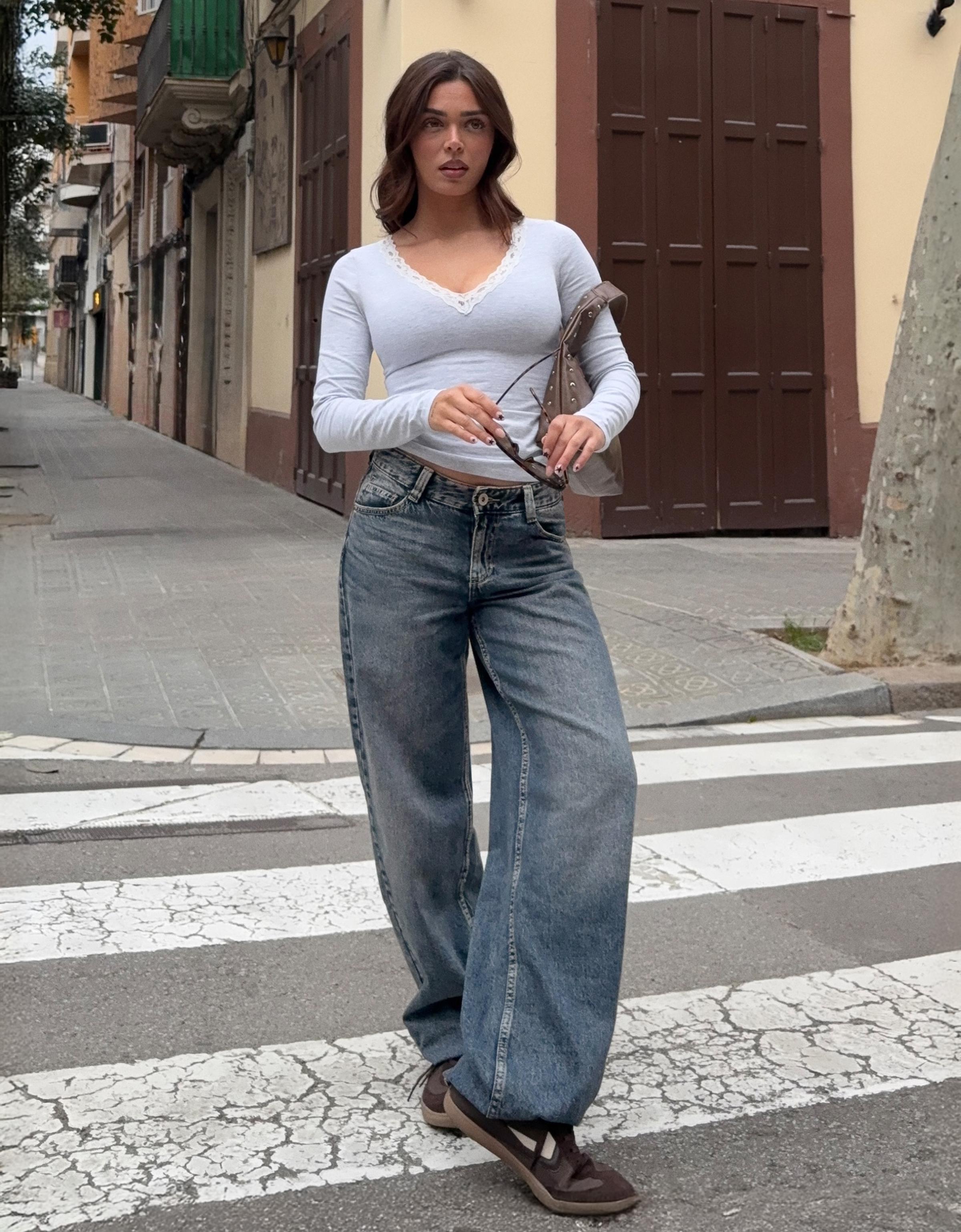 Bershka Jeans Baggy Fit Barrel Fit Vita Bassa Donna 38 (Eu 34) Azzurro
