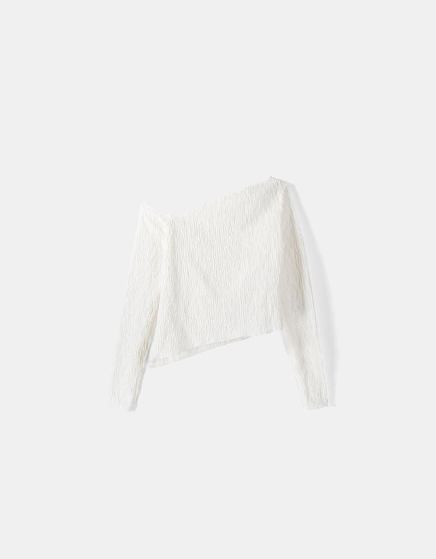 Long sleeve waffle-knit T-shirt with asymmetric hem-Off white-4