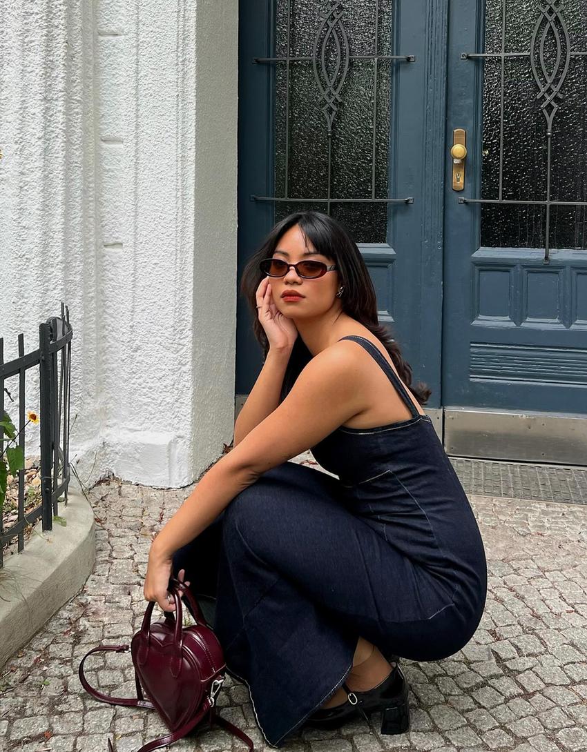 Robe denim longue bretelles-Marine