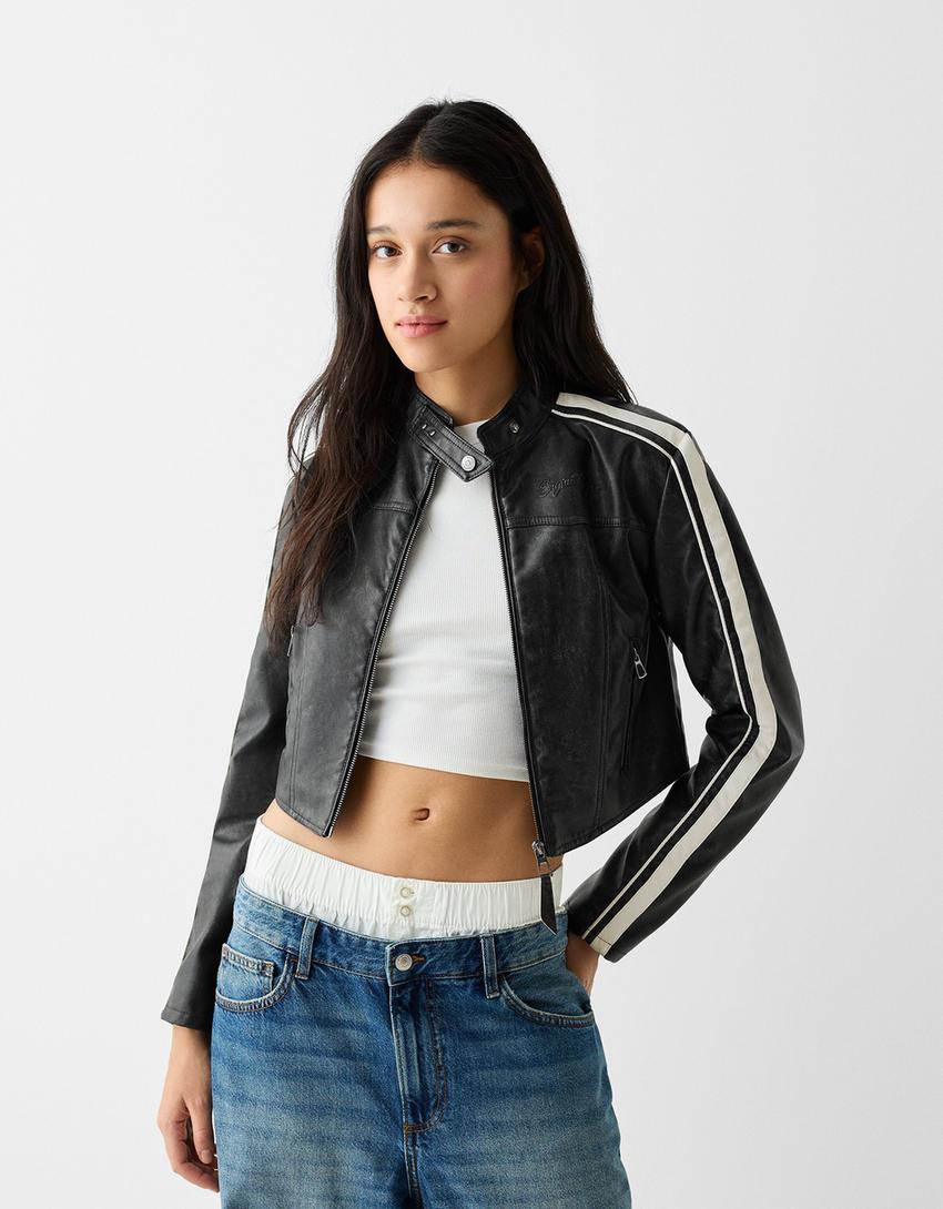 Faux leather jacket with side stripes-Black-0