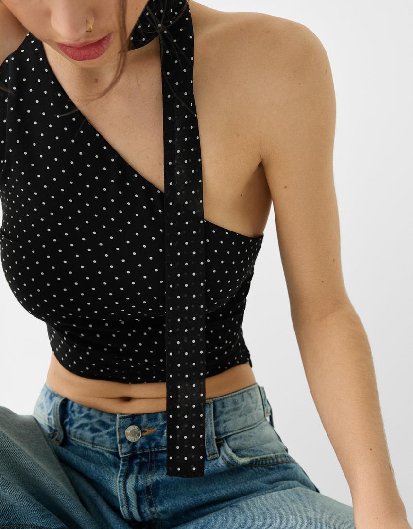 Asimetrik puantiye desenli şifon top-Siyah-5