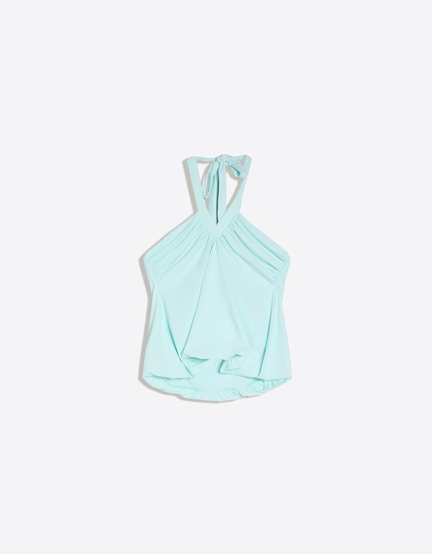 Top encolure américaine à basque-Bleu turquoise
