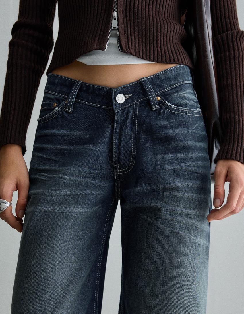 Jeans ample taille basse-Bleu lavé
