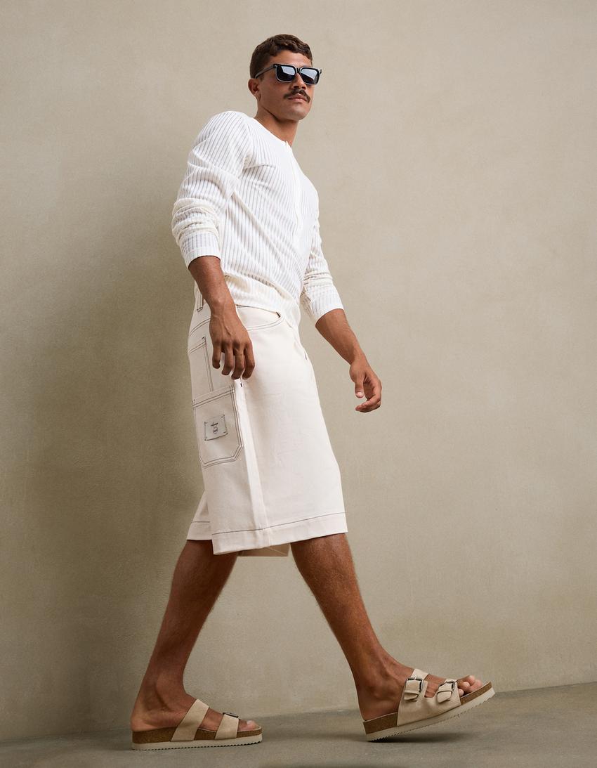 Flache Sandalen aus Leder mit Schnallen-Taupe