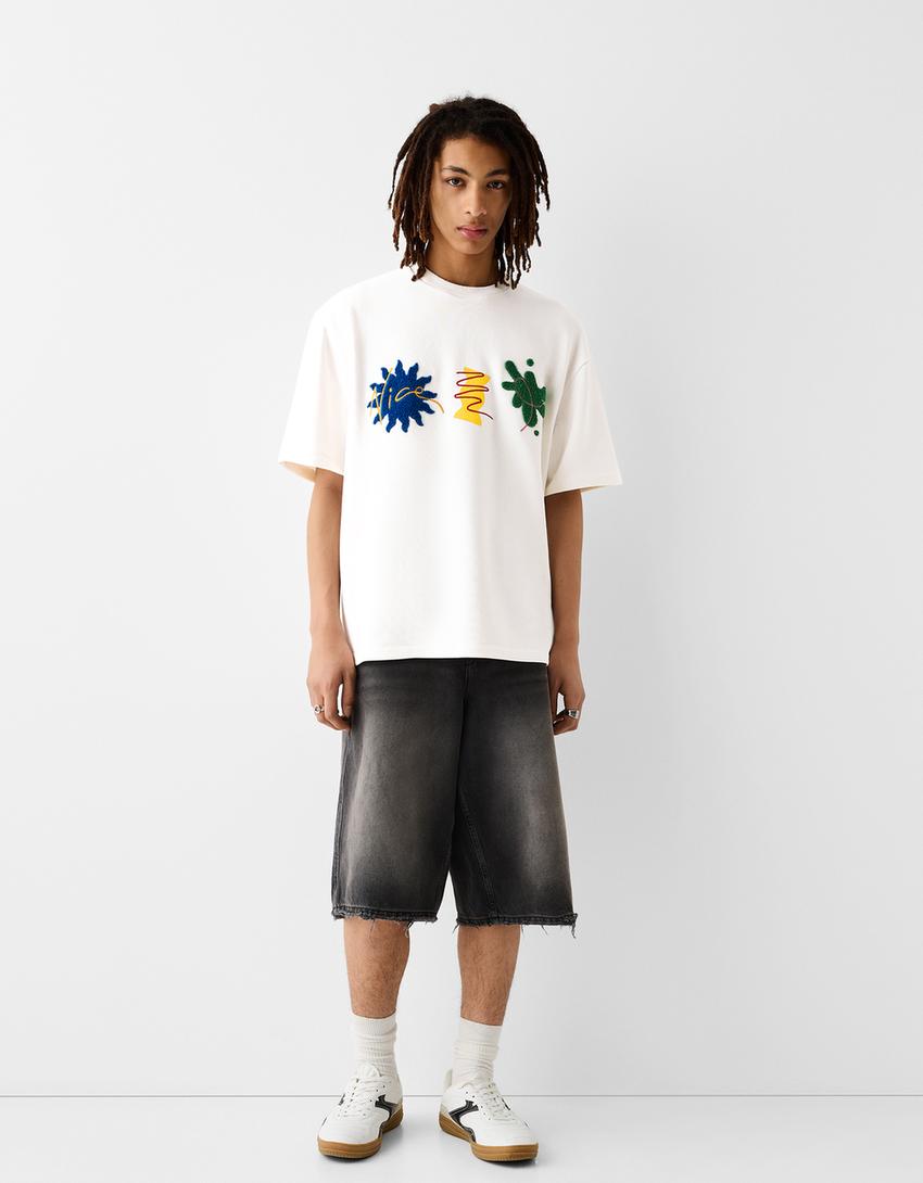 T-shirt manches courtes molleton imprimé-Blanc-3