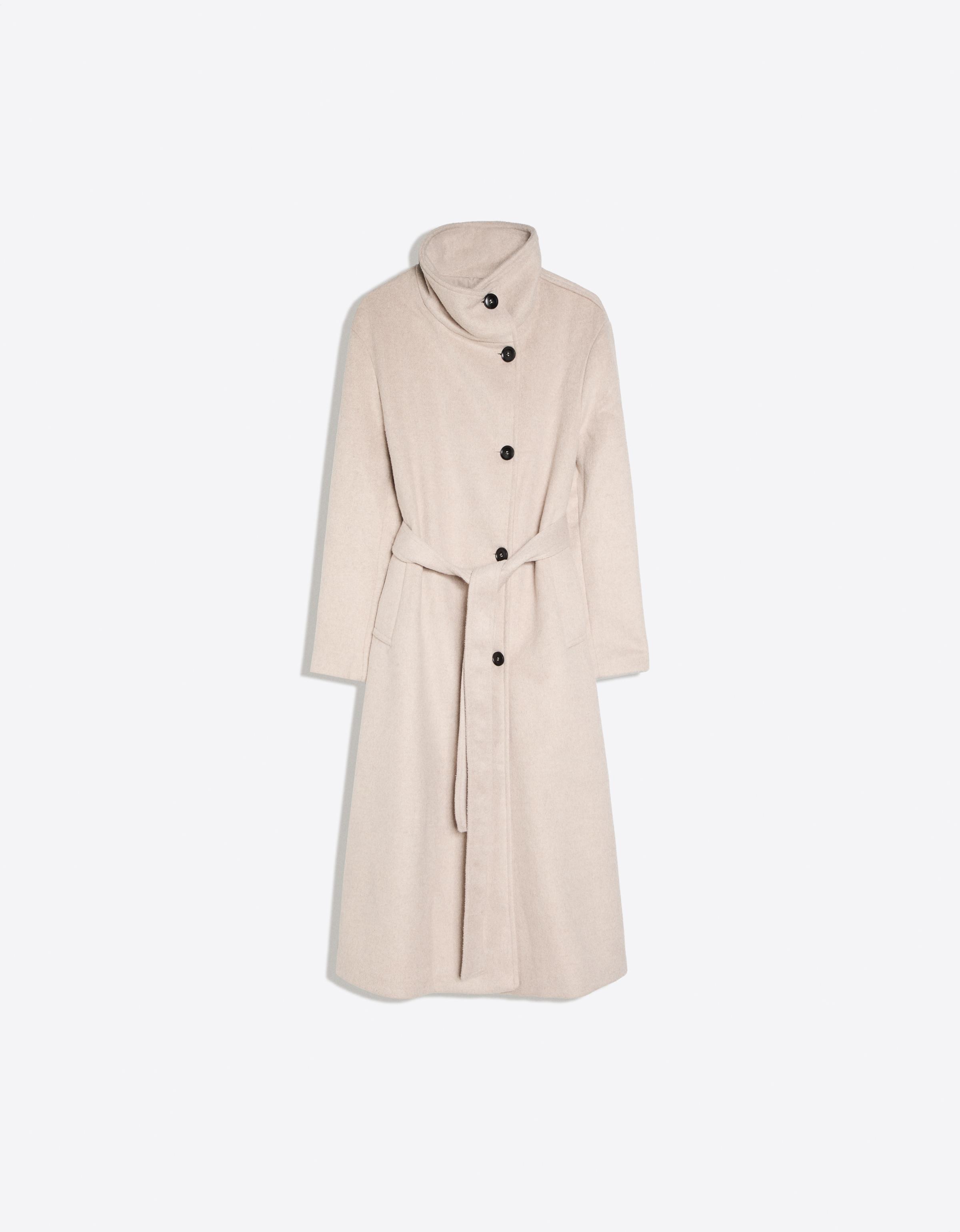 Long funnel neck coat with belt — Sand