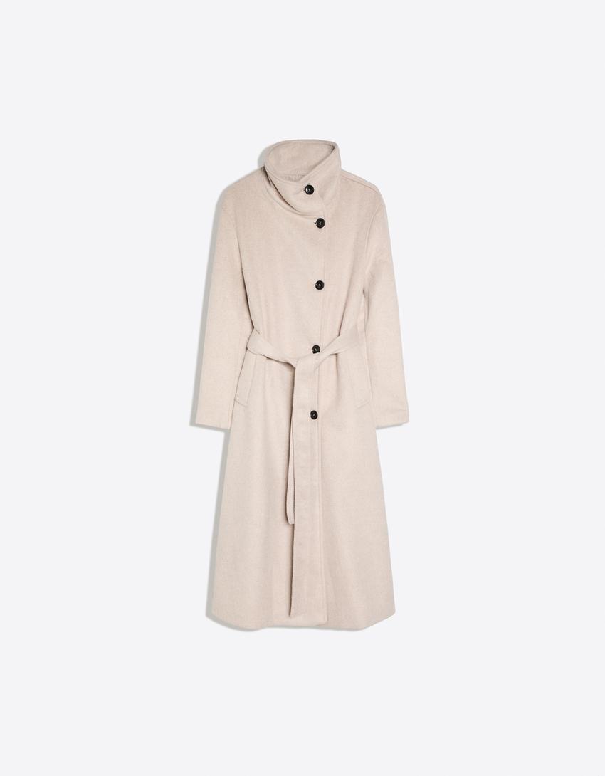 Long funnel neck coat with belt-Sand