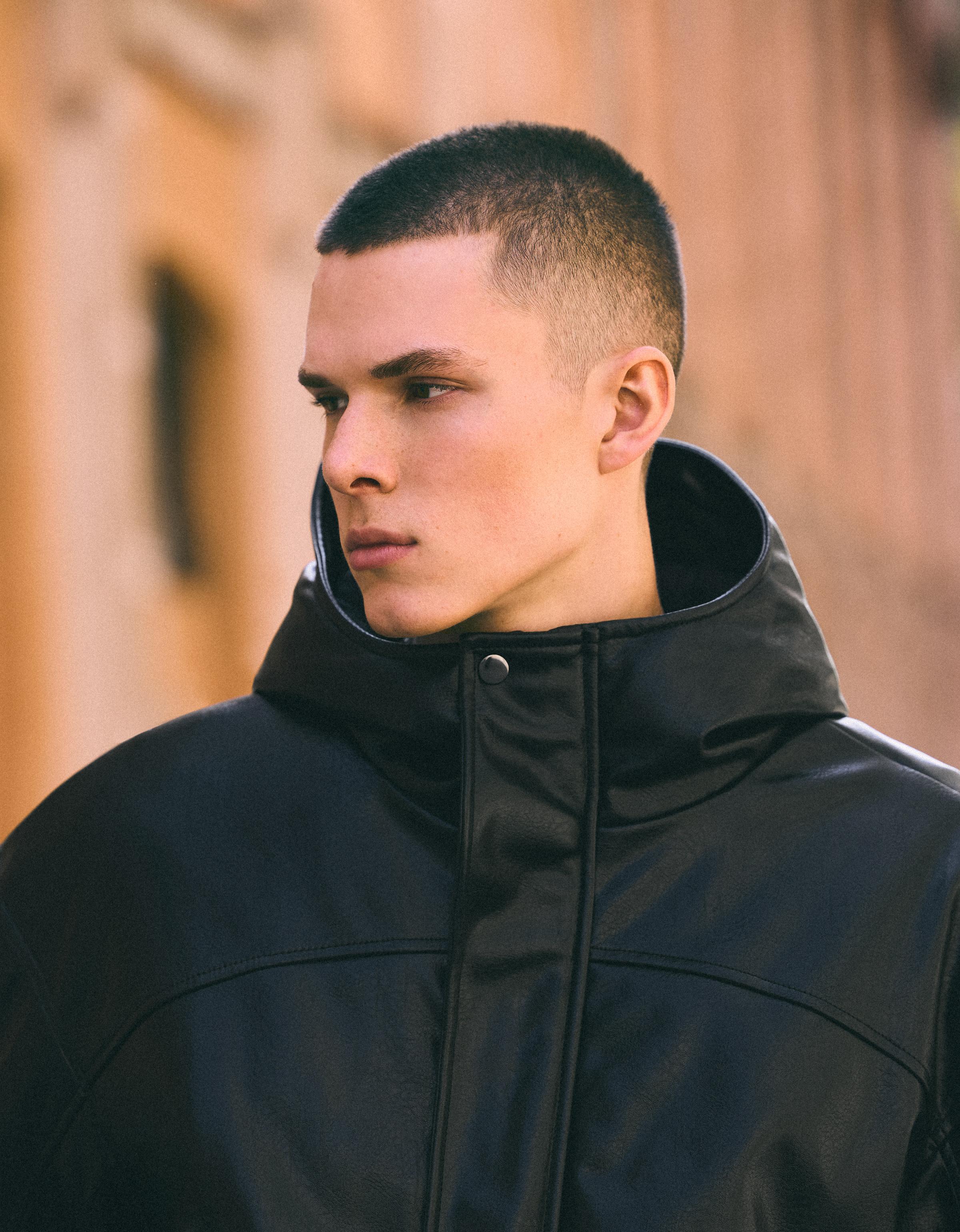Hooded leather effect jacket — Black