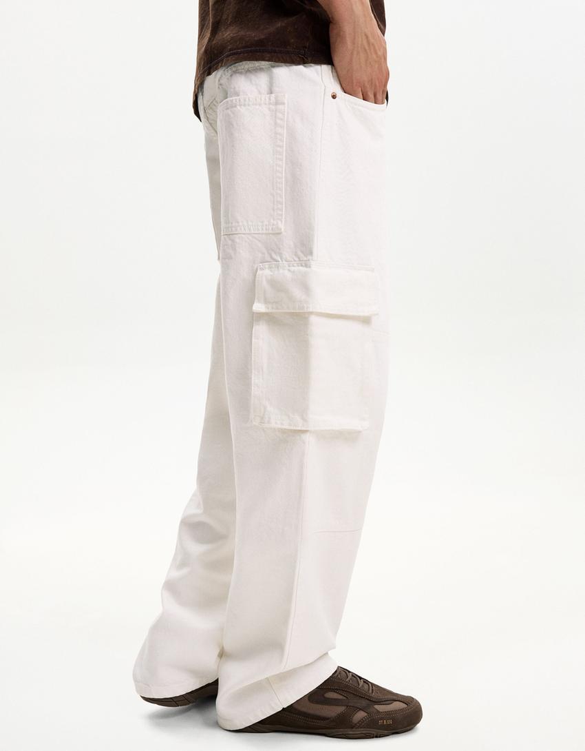Jeansy baggy cargo-Kremowy-2