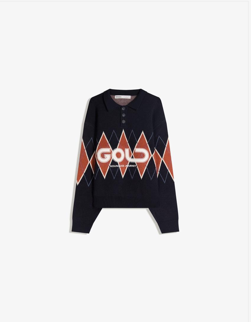 Printed polo collar sweater-Navy
