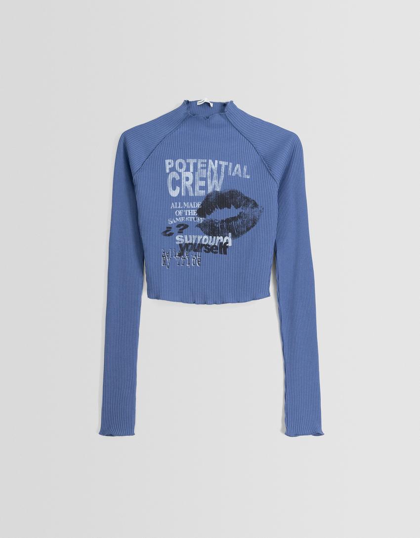 سويتر بطبعة وأكمام طويلة-أزرق-4