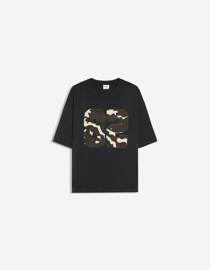 Short sleeve patch print T-shirt-Grey