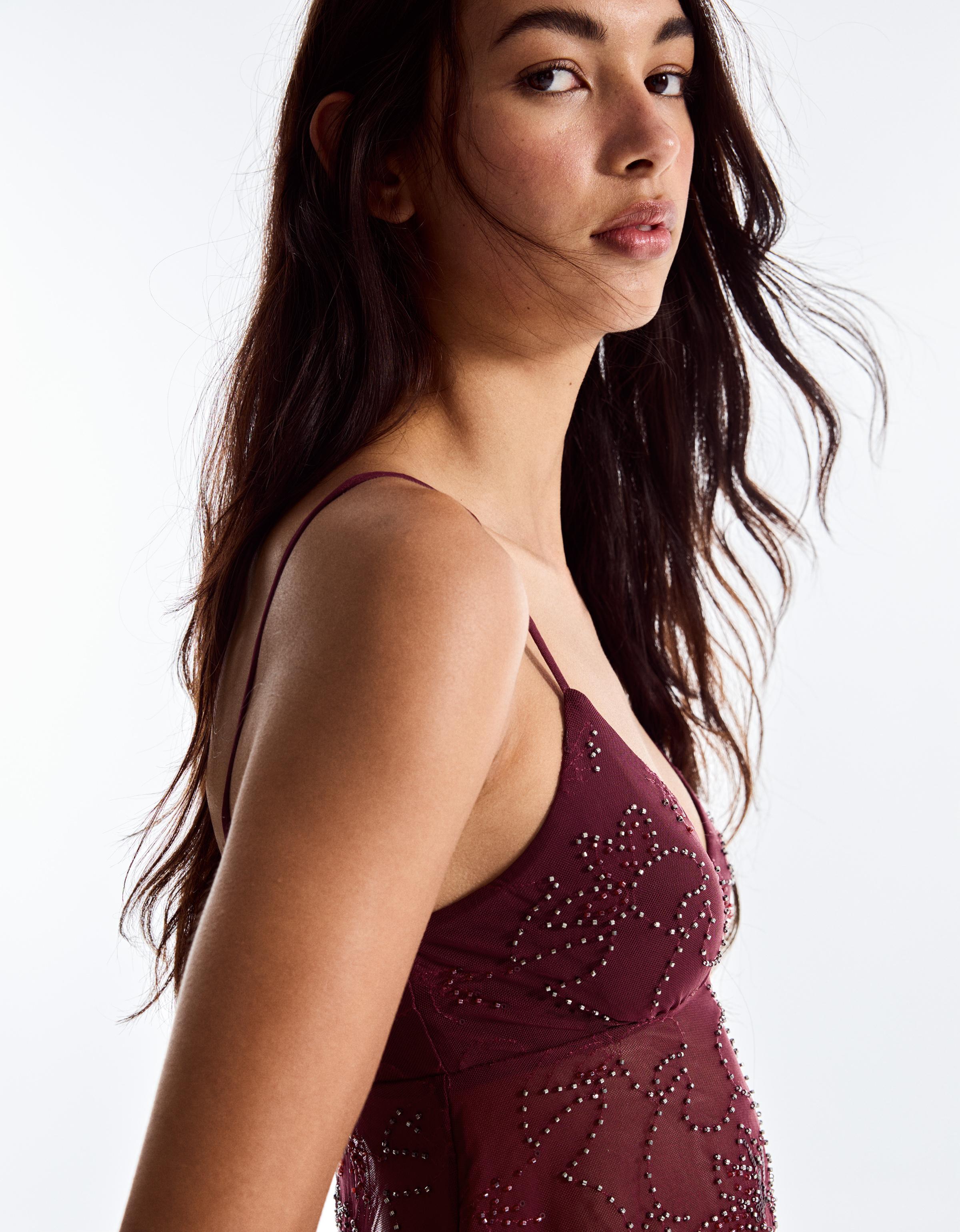 Rhinestone mesh strappy top — Burgundy