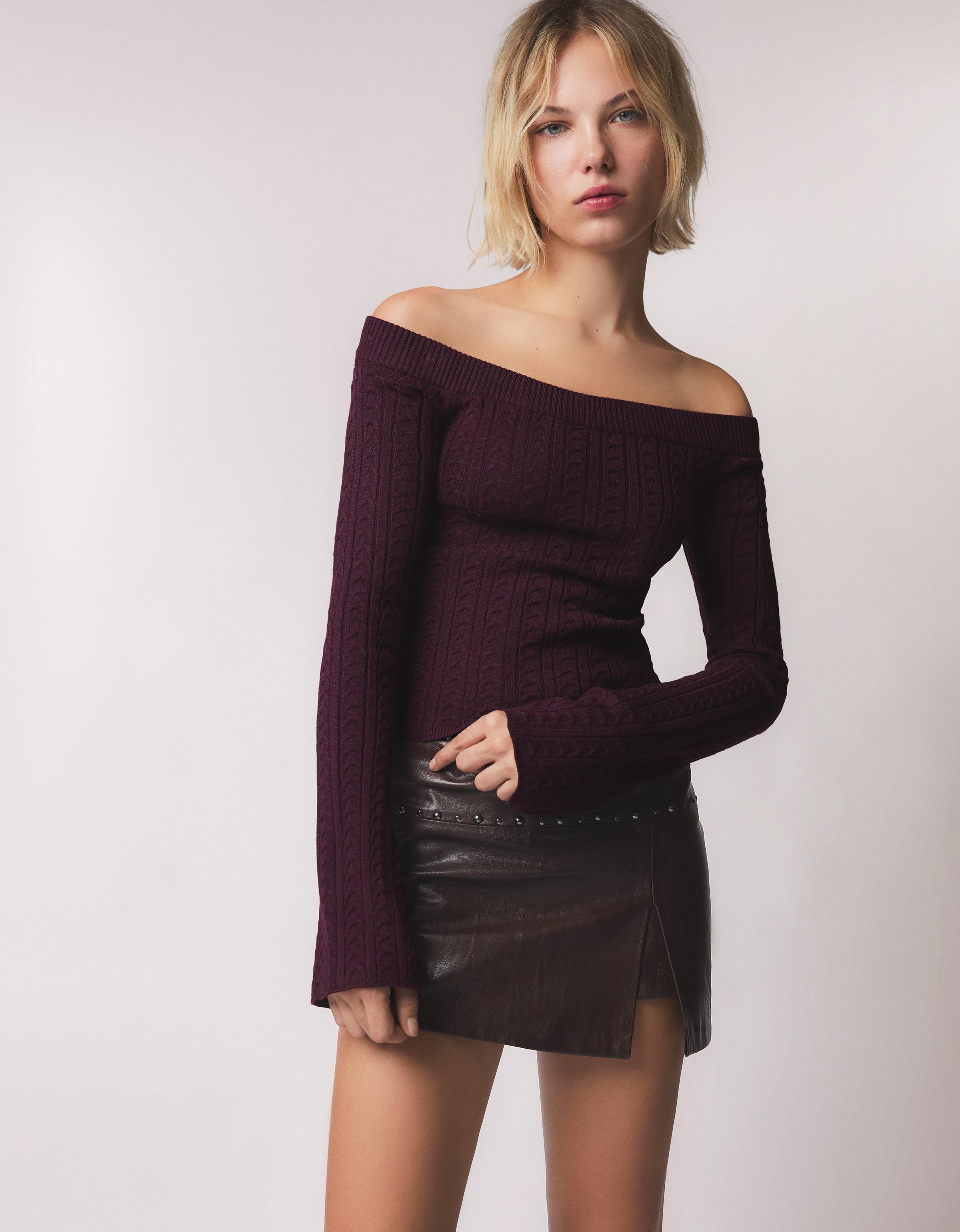 Bershka Geflochtener Bardot-Pullover Damen Xs Bordeaux