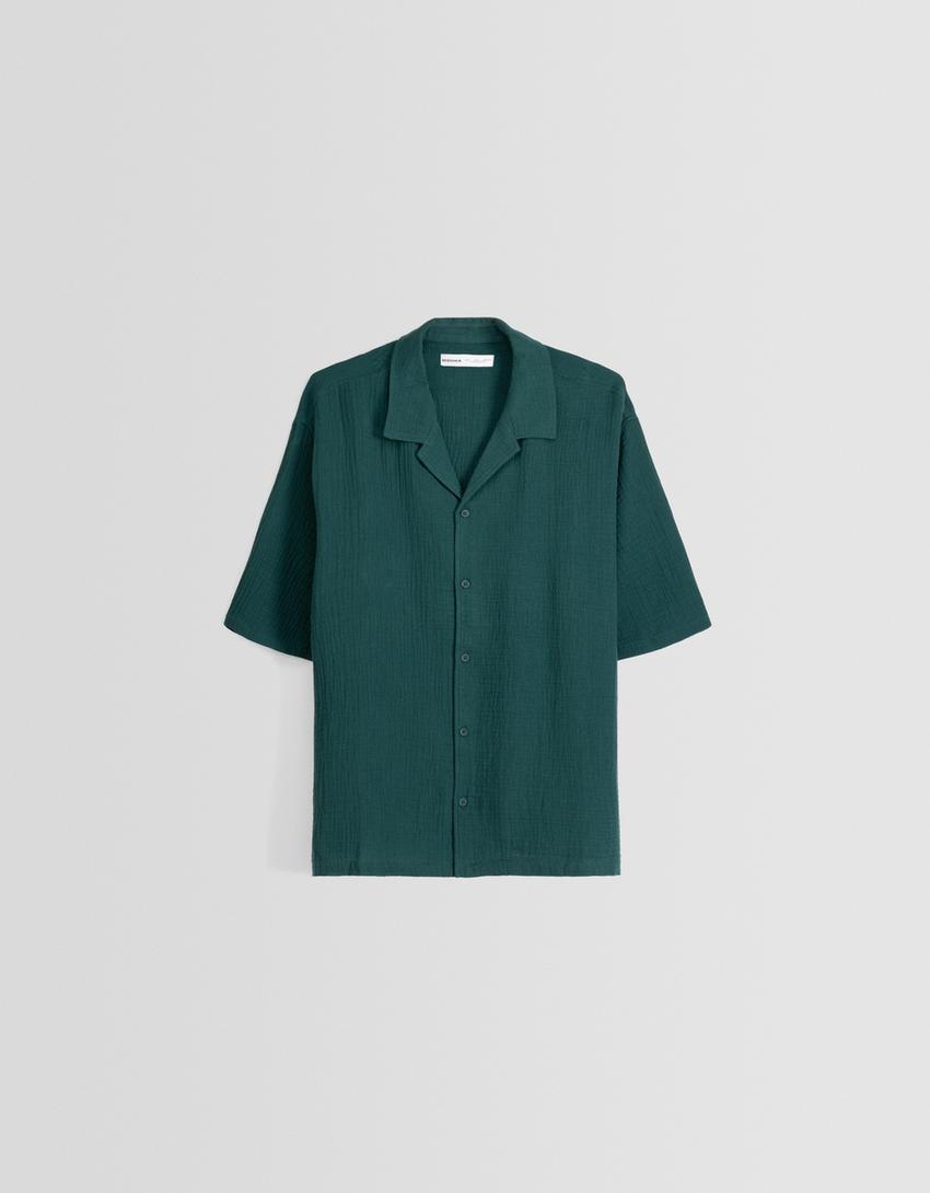Chemise manches courtes loose fit texturée-Vert-4