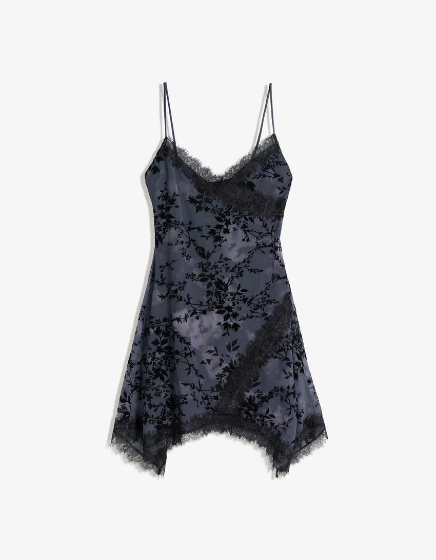 Vestito mini spalline in tulle con pizzo-Blu