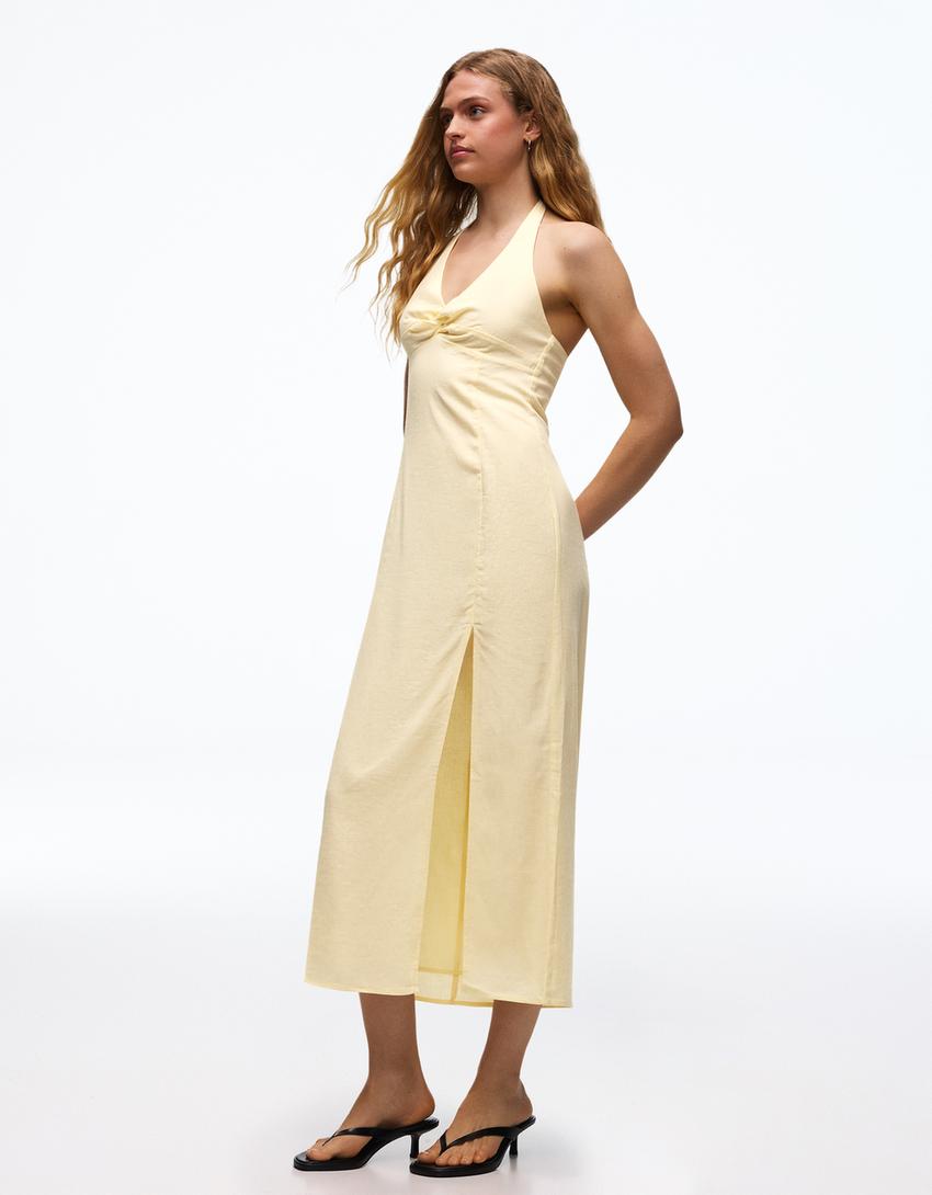 Linen blend halter midi dress-Yellow