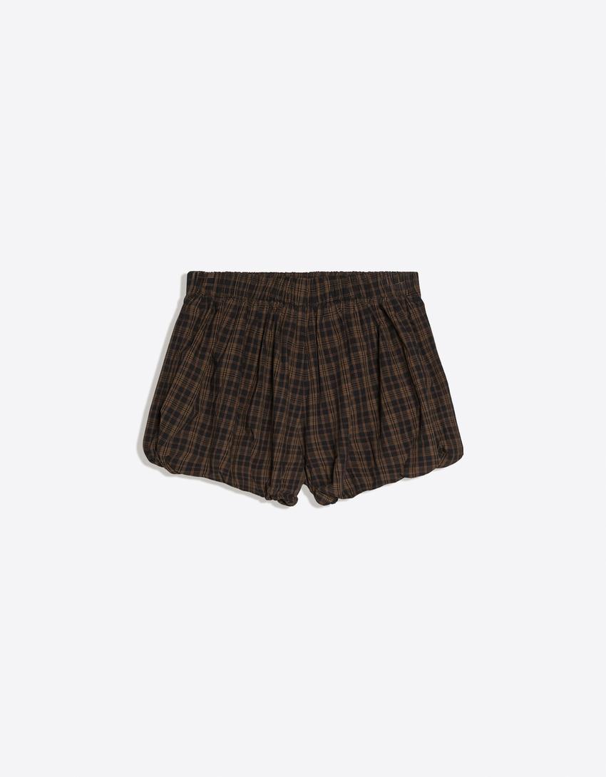 Check mini balloon shorts-Brown
