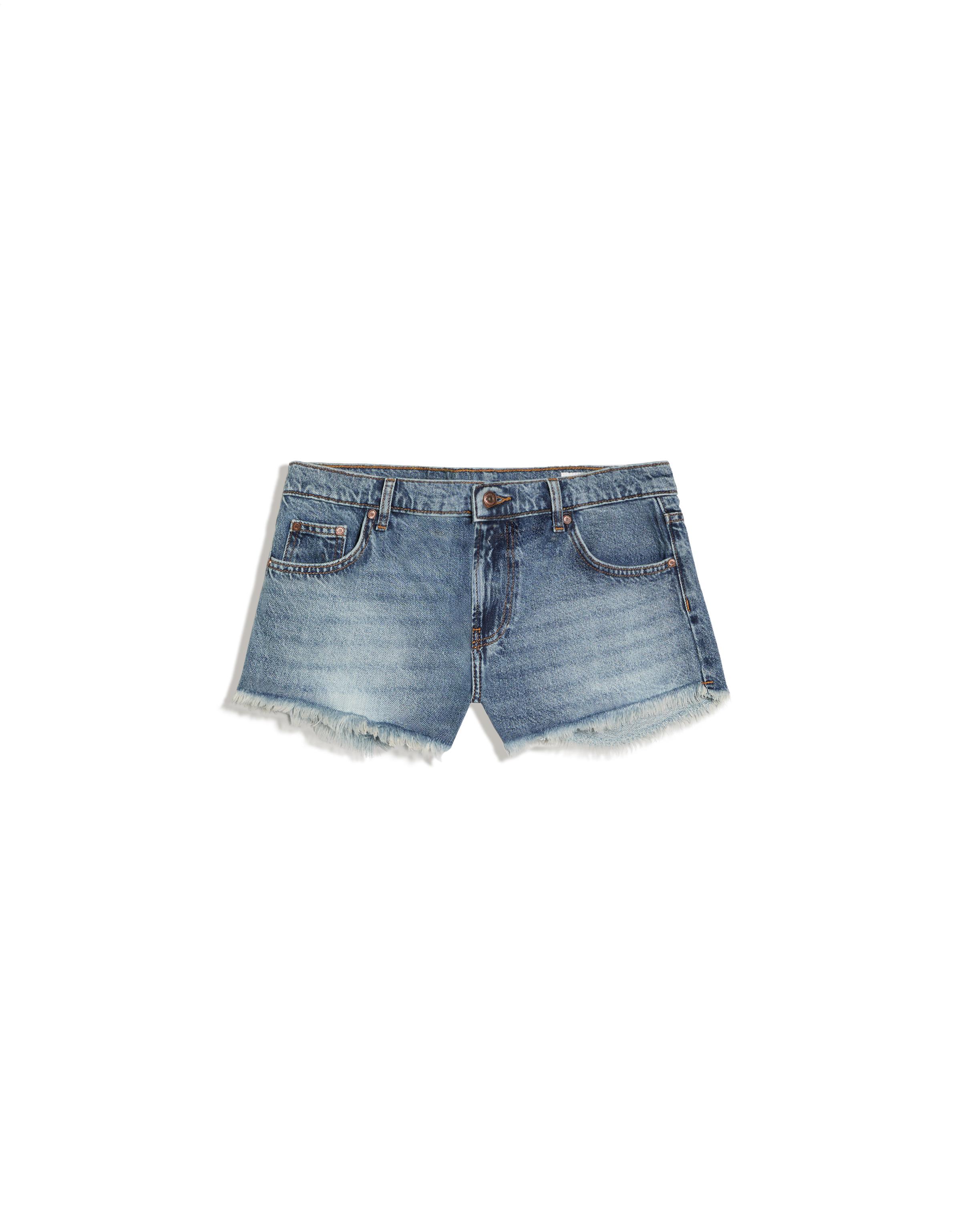 Denim mini shorts with frayed hem — Blue