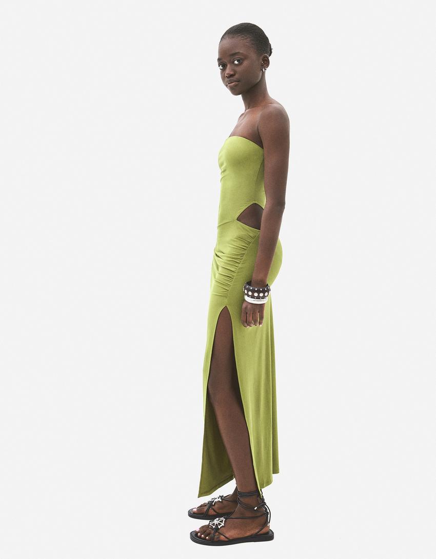 Gathered bandeau neckline midi dress-Green