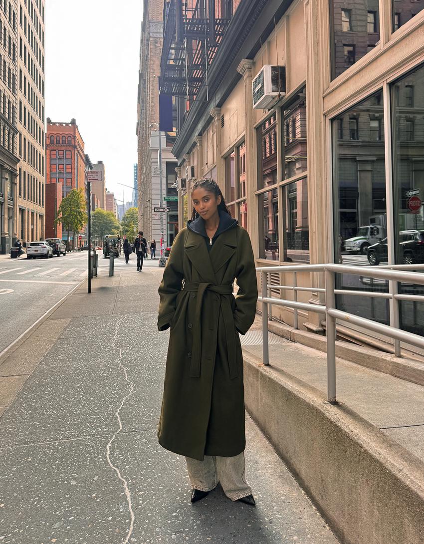 Manteau en laine oversize avec ceinture-Kaki