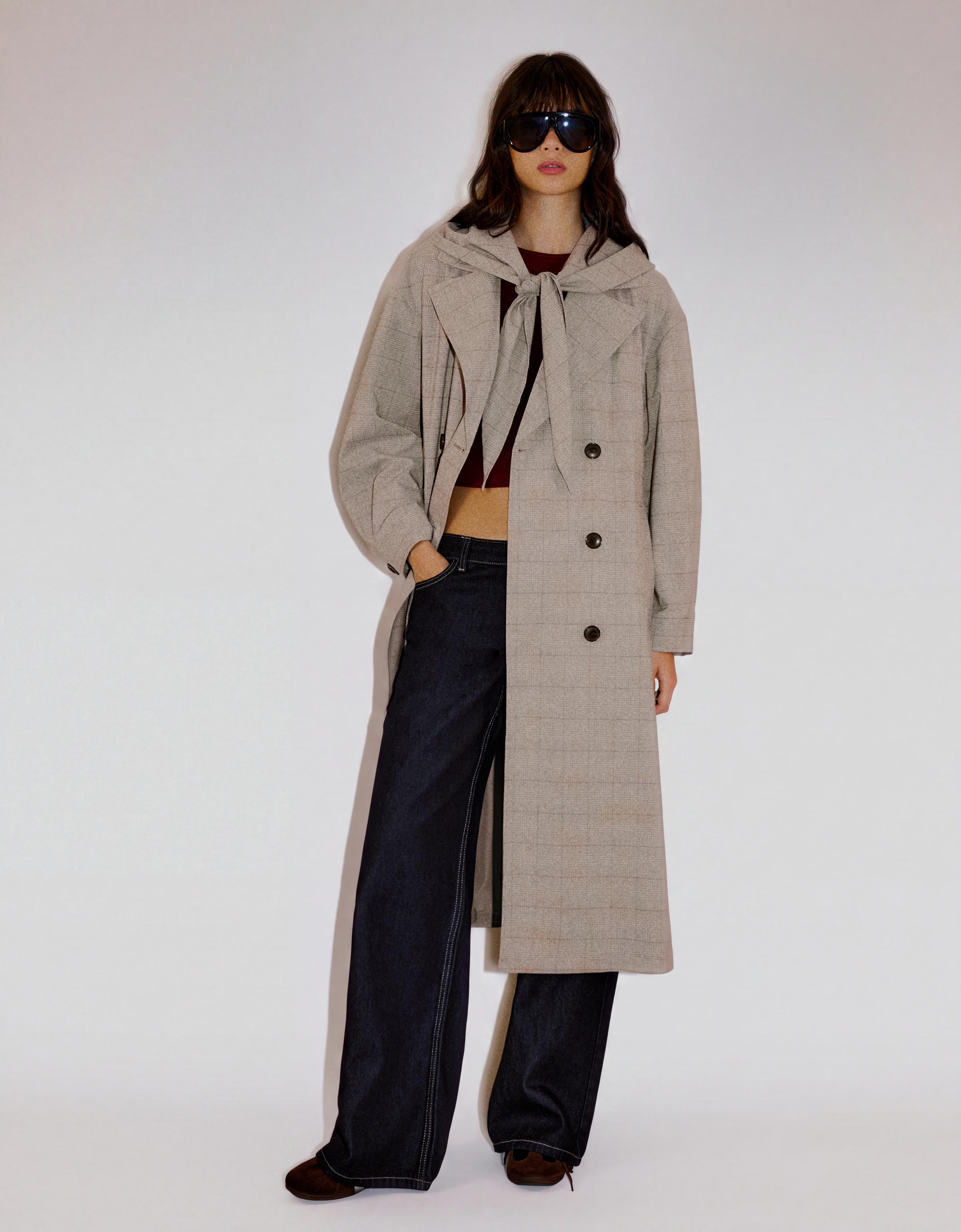 Long check scarf trench coat — Dark grey
