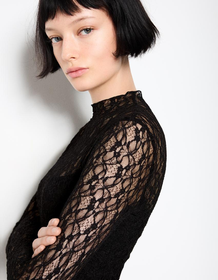 Blonde lace long-sleeve midi dress-Black