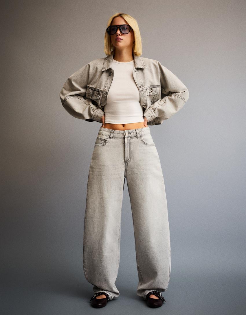 Jeans wide leg barrel-Gris