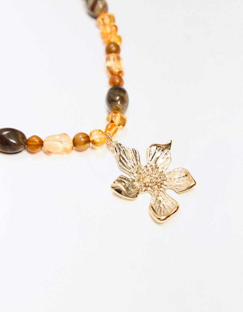 Collier boules pendentif fleur-Marron