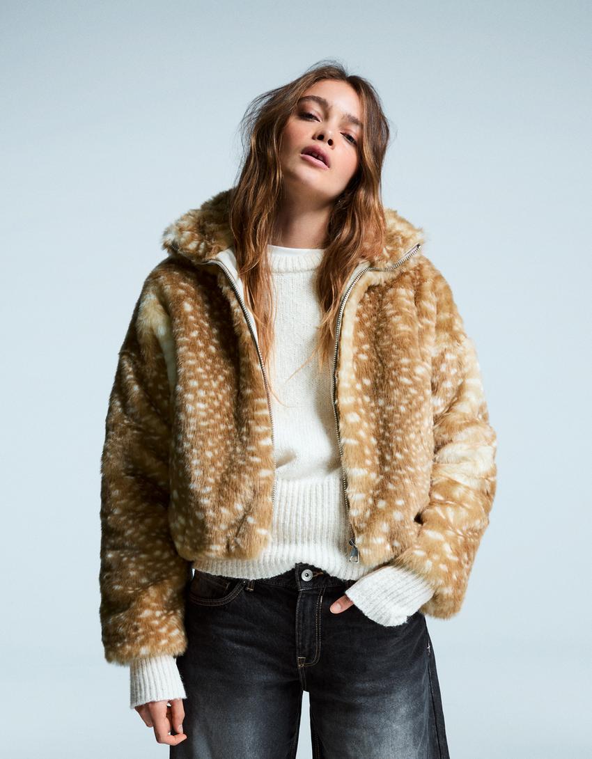 Cazadora efecto pelo animal print-Camel