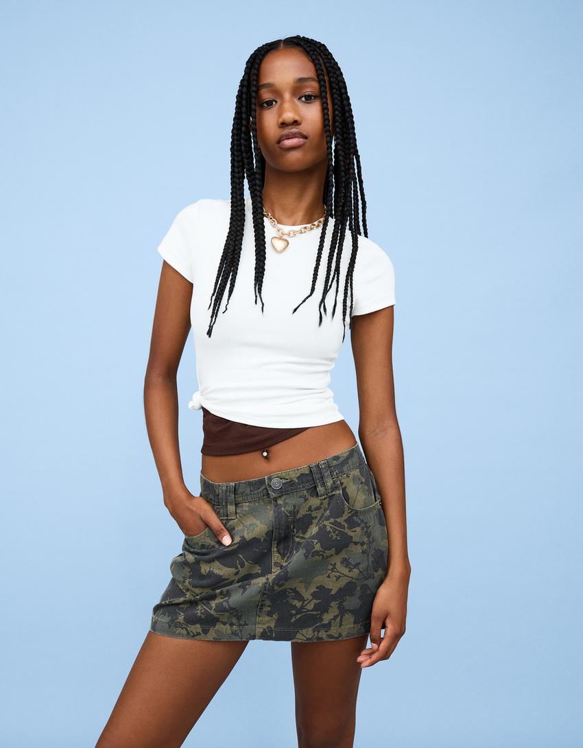 Falda mini print-Kaki