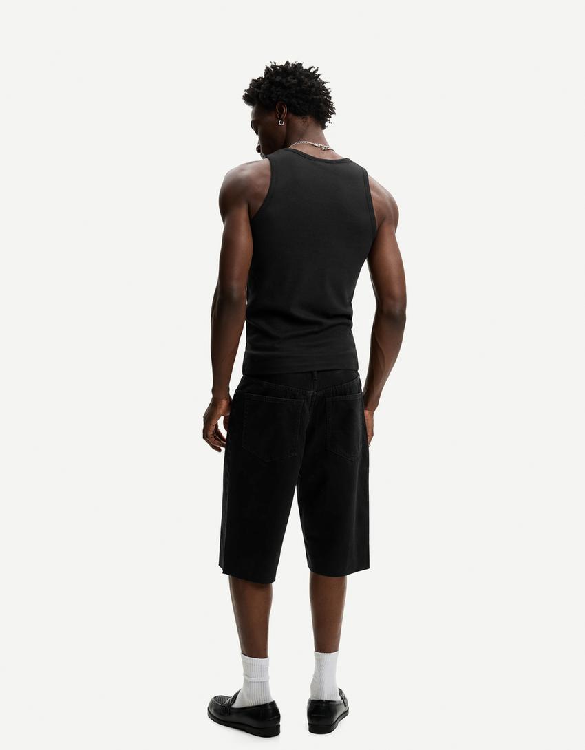 Baggy fit denim bermuda-Siyah-1