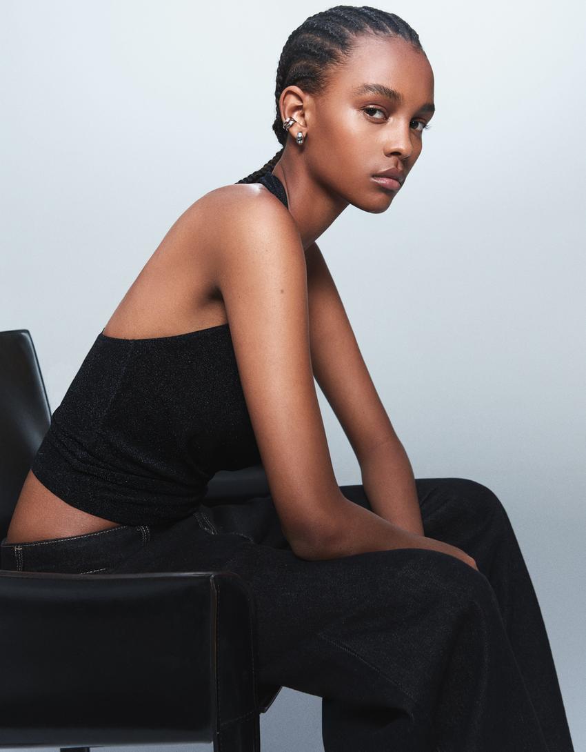 Drape detaylı parlak halter top-Denizci mavisi